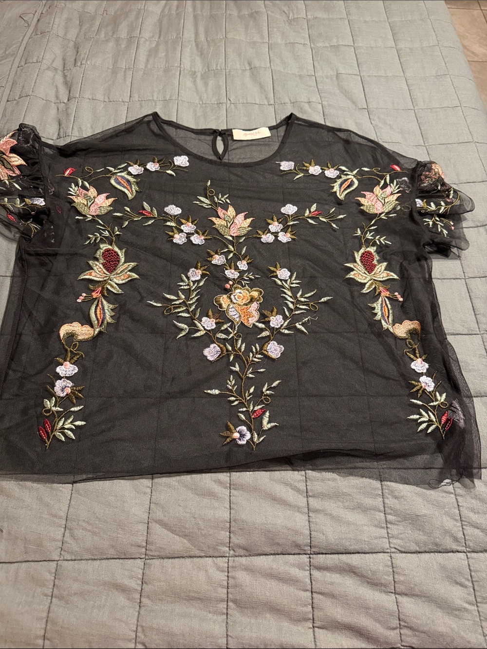 Sheer Black Floral Embroidered Short-Sleeve Blouse